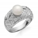 14K Solid White Gold Ring with Pearl and Diamond