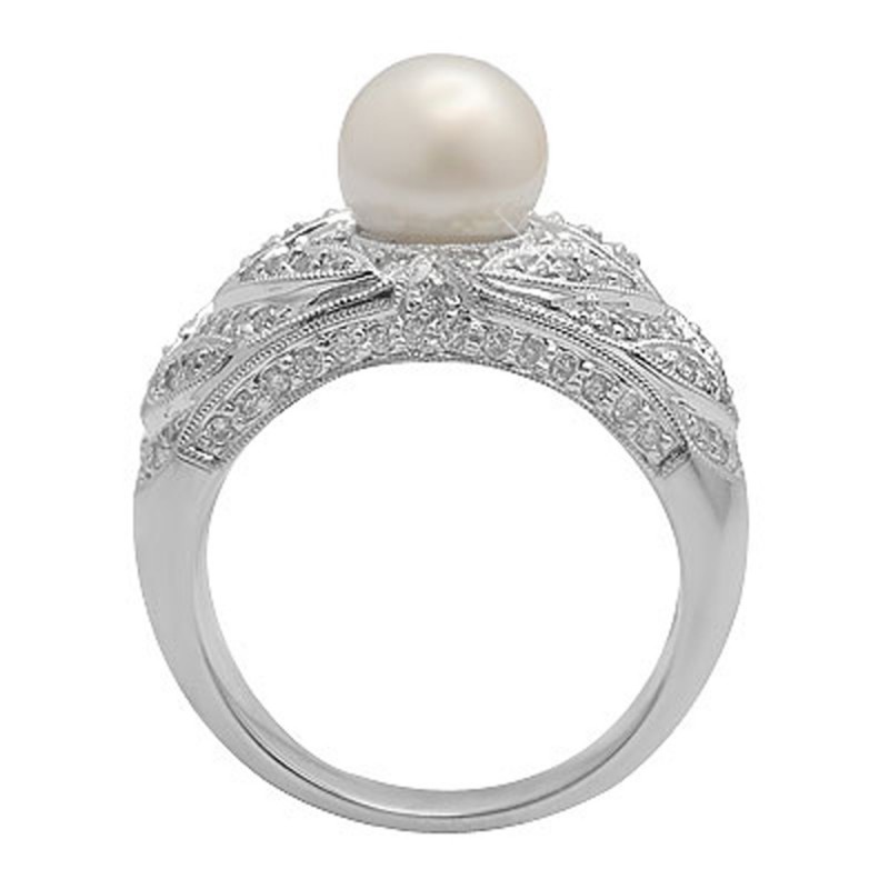 14K Solid White Gold Ring with Pearl and Diamond - jewelry.farm