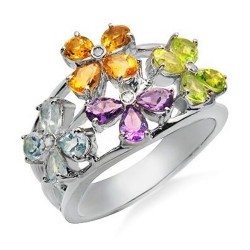 14K Gold Flower Ring w Diamond & Gemstones