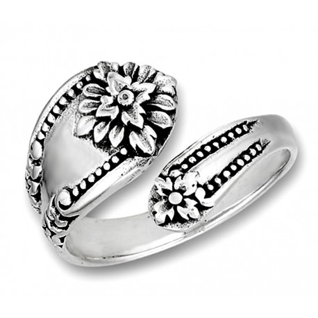 Sterling Silver Victorian Spoon Ring with Flower