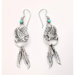 Southwestern Sterling Silver Dangle Eagle Earrings with Feathers