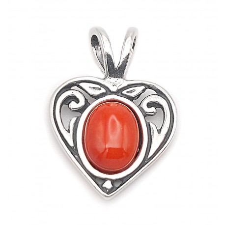 Sterling Silver Heart Pendant with Red Coral Small