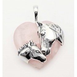 Sterling Silver Rose Quartz Heart Pendant with Horses