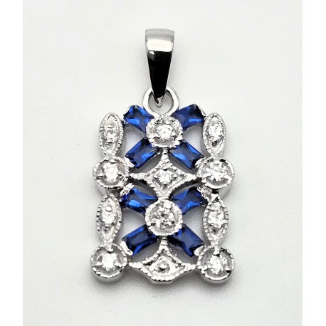 Sterling Silver Pendant With Cubic Zirconia & Blue Baguette