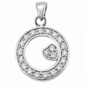 Rhodium Plated Sterling Silver Circle Pendant with Heart and CZ